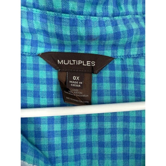 Multiples Blue Plaid Embroidered Tunic Mixed Fabric Top Boho Peasant Blouse OX - Picture 7 of 9